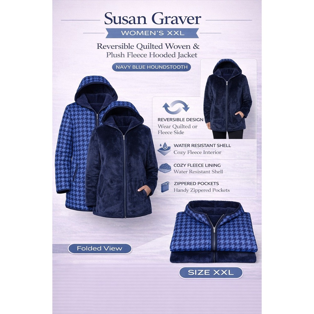 Susan Graver Womens Reversible Quilted Fleece Hooded Jacket Navy Houndstooth XXL
